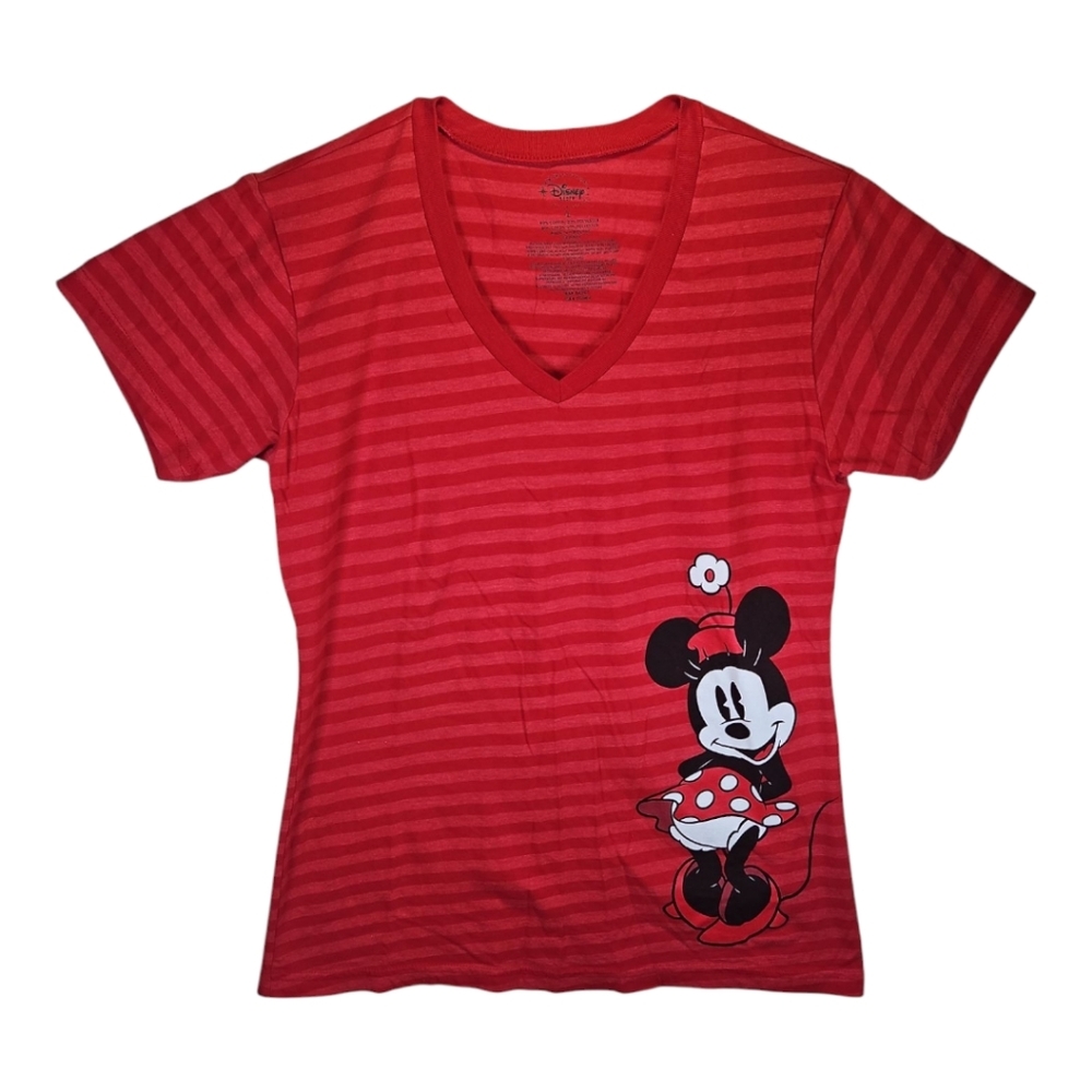 Disney Store Minnie Mouse Fitted Red Striped V-neck T-shirt Size L